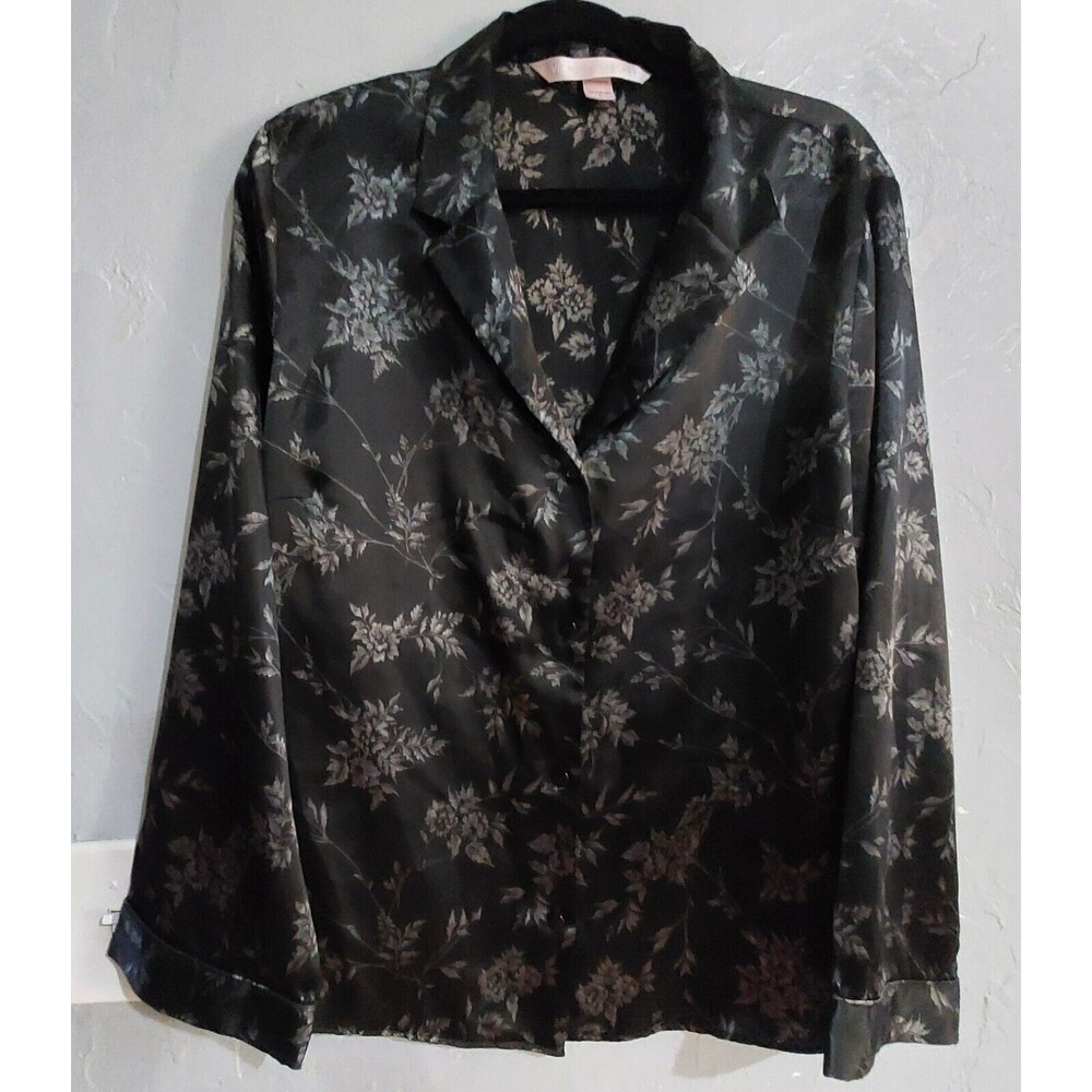 Victoria Secret Pajama Shirts Button Down Women's SZ  L Black  Floral, 20 Inch O